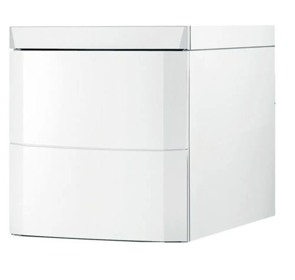 Weißer Speicher mit glatten Oberflächen, zwei Schubladen und einer flachen Oberkante. Ihr Design passt in moderne Umgebungen. Hersteller: Remeha.